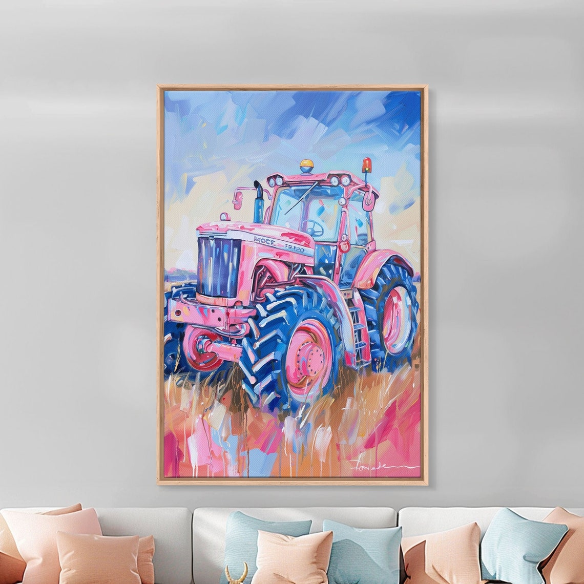 Pink Tractor In Field Under Blue Sky Colorful Farm Pop Art Poster - Image 2