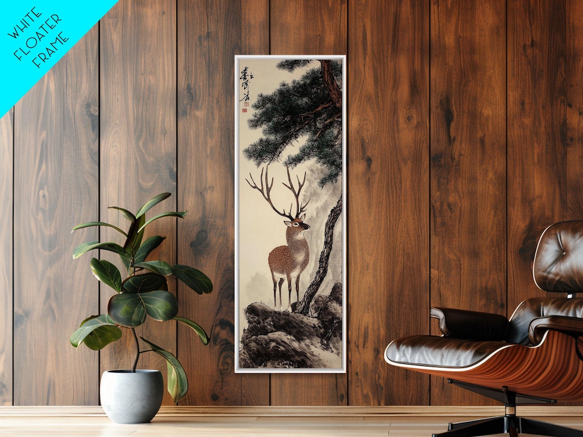 Majestic Stag Pine Tree Rocks East Asian Ink Wash Wildlife Art Poster - Image 4