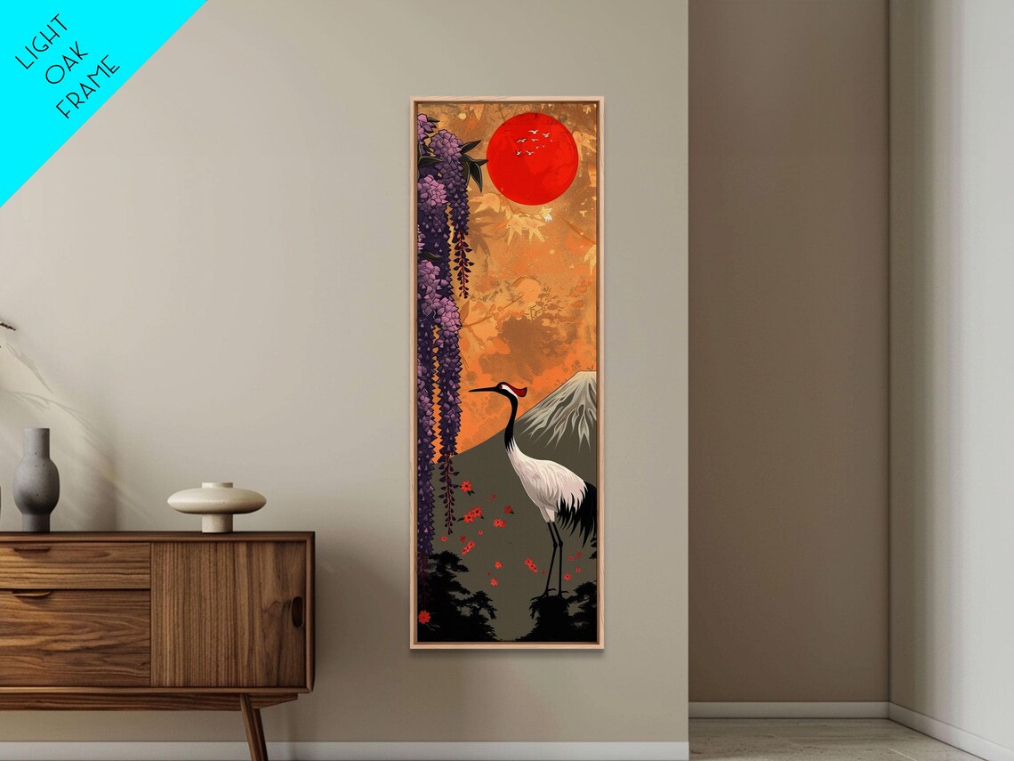 Japanese Crane Wisteria Red Sun Mount Fuji Tall Ukiyo E Art Poster - Image 2