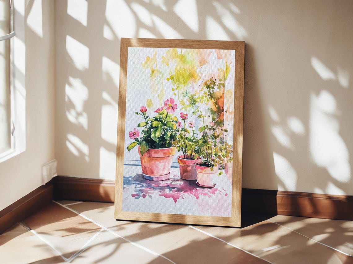 Potted Plants Watercolor Terracotta Pots Sunny Botanical Garden Print - Image 5