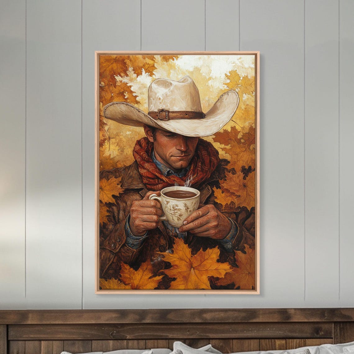 Cowboy With Coffee Mug Autumn Maple Leaves Warm Cozy Art Poster - Image 3