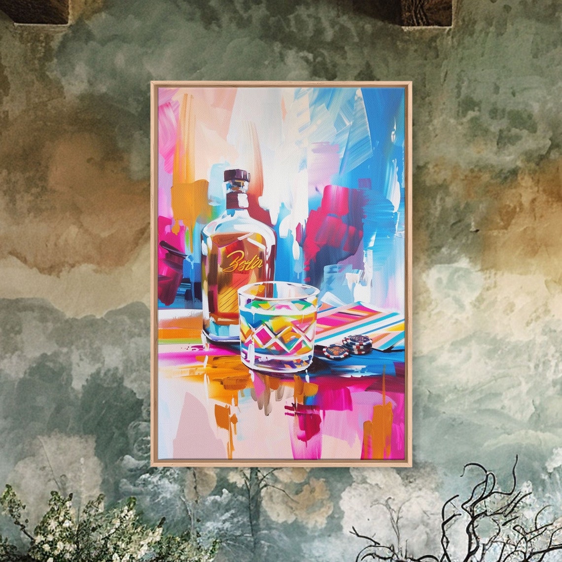Colorful Whiskey Bottle And Rocks Glass Modern Bar Decor Wall Art - Image 5
