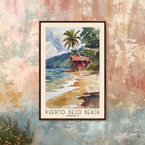 Puerto Seco Beach Jamaica Palm Trees Red Beach Hut Watercolor Poster