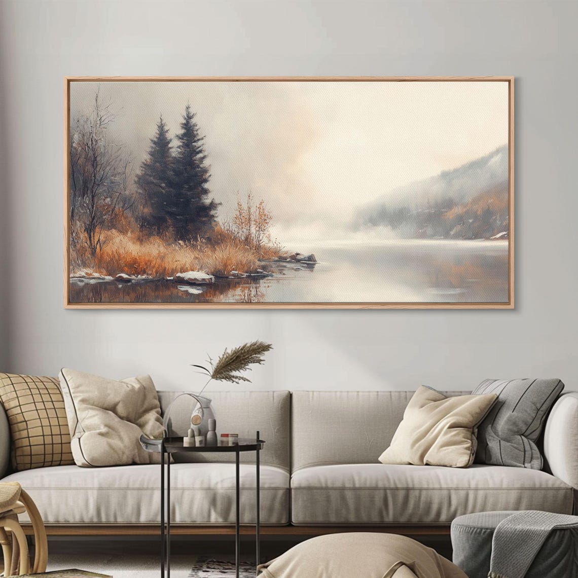 Fall On The River Watercolor Misty Banks Pines Still Water Poster - Image 5