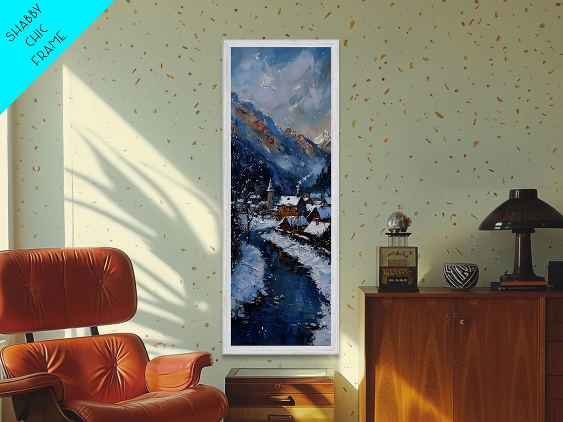 Snowy Winter Village By Frozen River Impasto Alpine Mountain Poster - Image 6