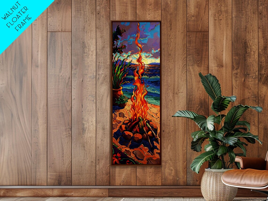 Beach Campfire At Sunset With Tall Flames Over Ocean Impasto Art Poster