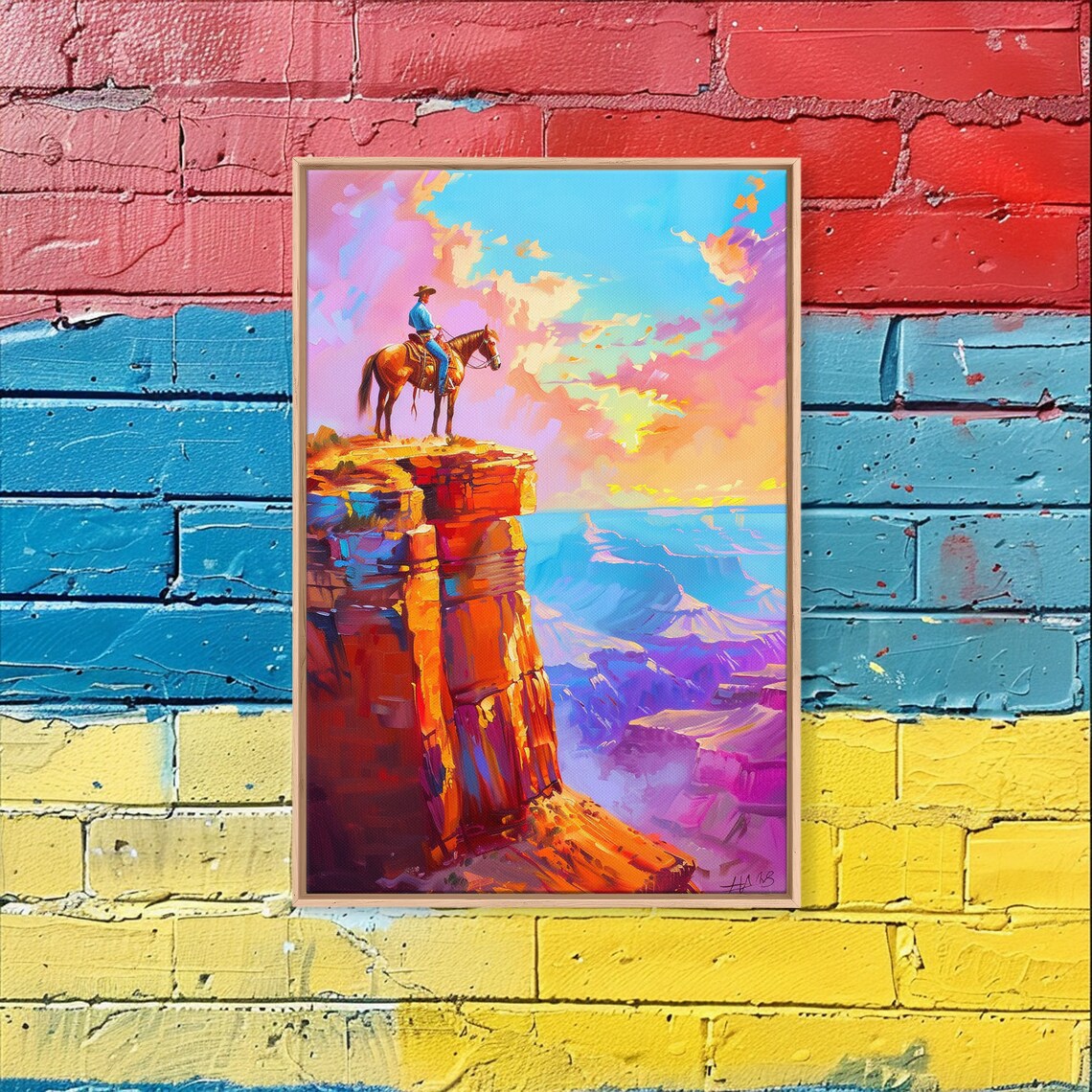 Cowboy On Cliff Edge Overlooking Canyon At Sunset Art Poster - Image 4