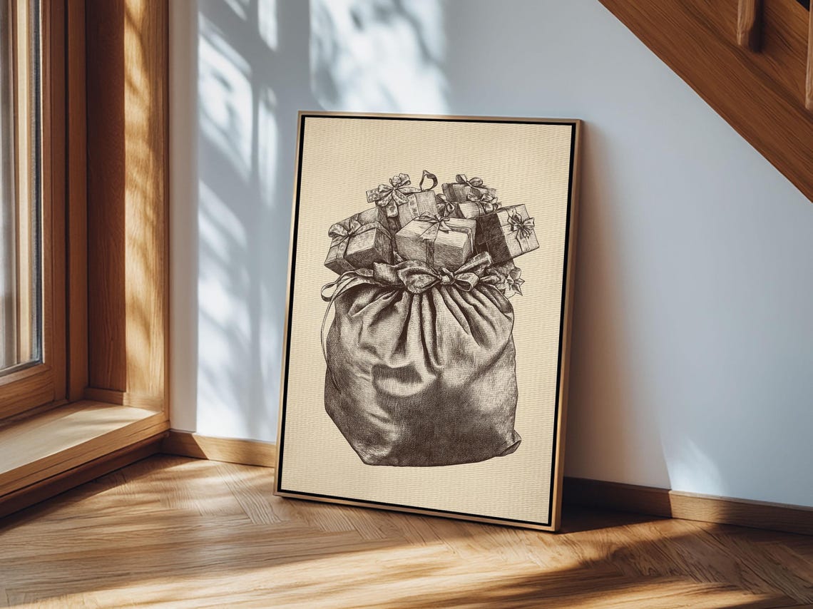 Santa Gift Bag Overflowing With Presents Vintage Sketch Poster Art - Image 5
