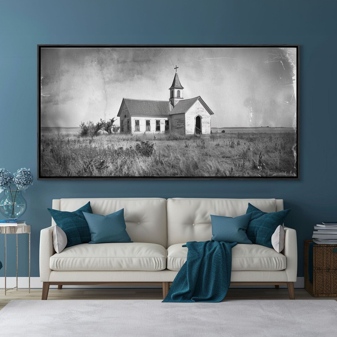Vintage Country Church in Open Field, Rustic Wall Art Print