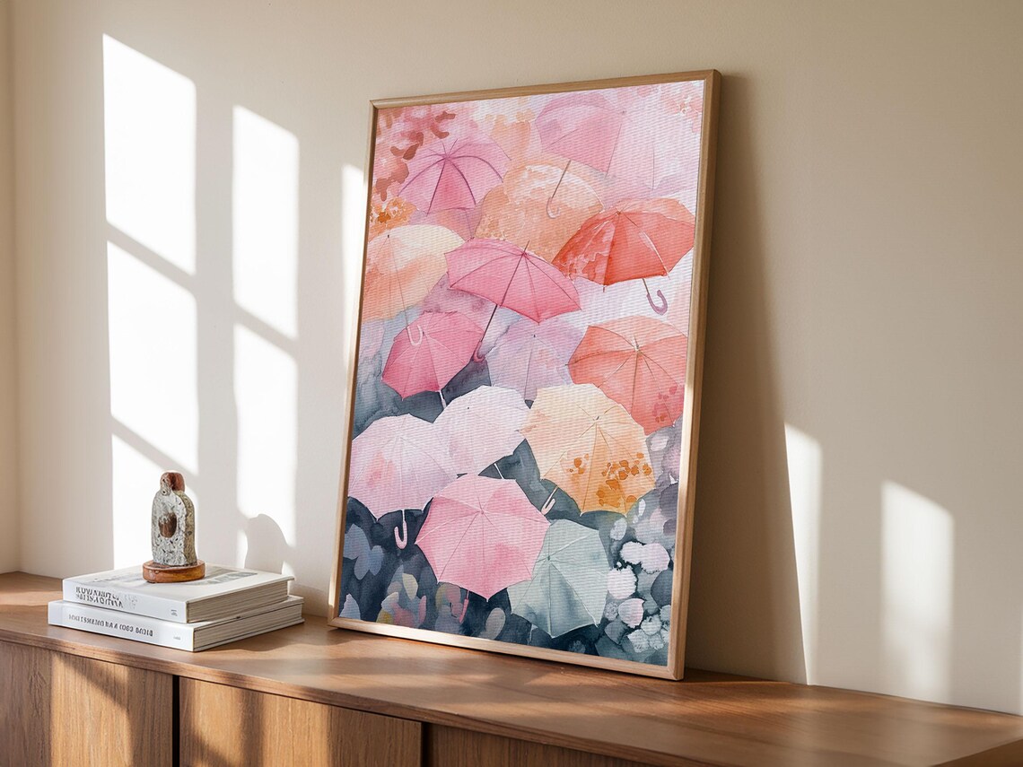 Pink Umbrellas Aerial Watercolor Whimsical Rainy Day Wall Art Poster - Image 2