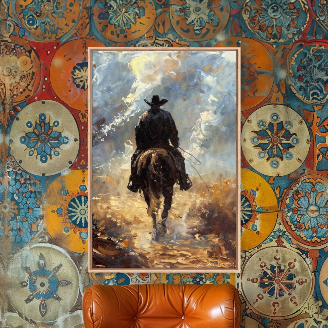 Cowboy Horseback Riding Away Golden Light Western Oil Painting Print - Image 3