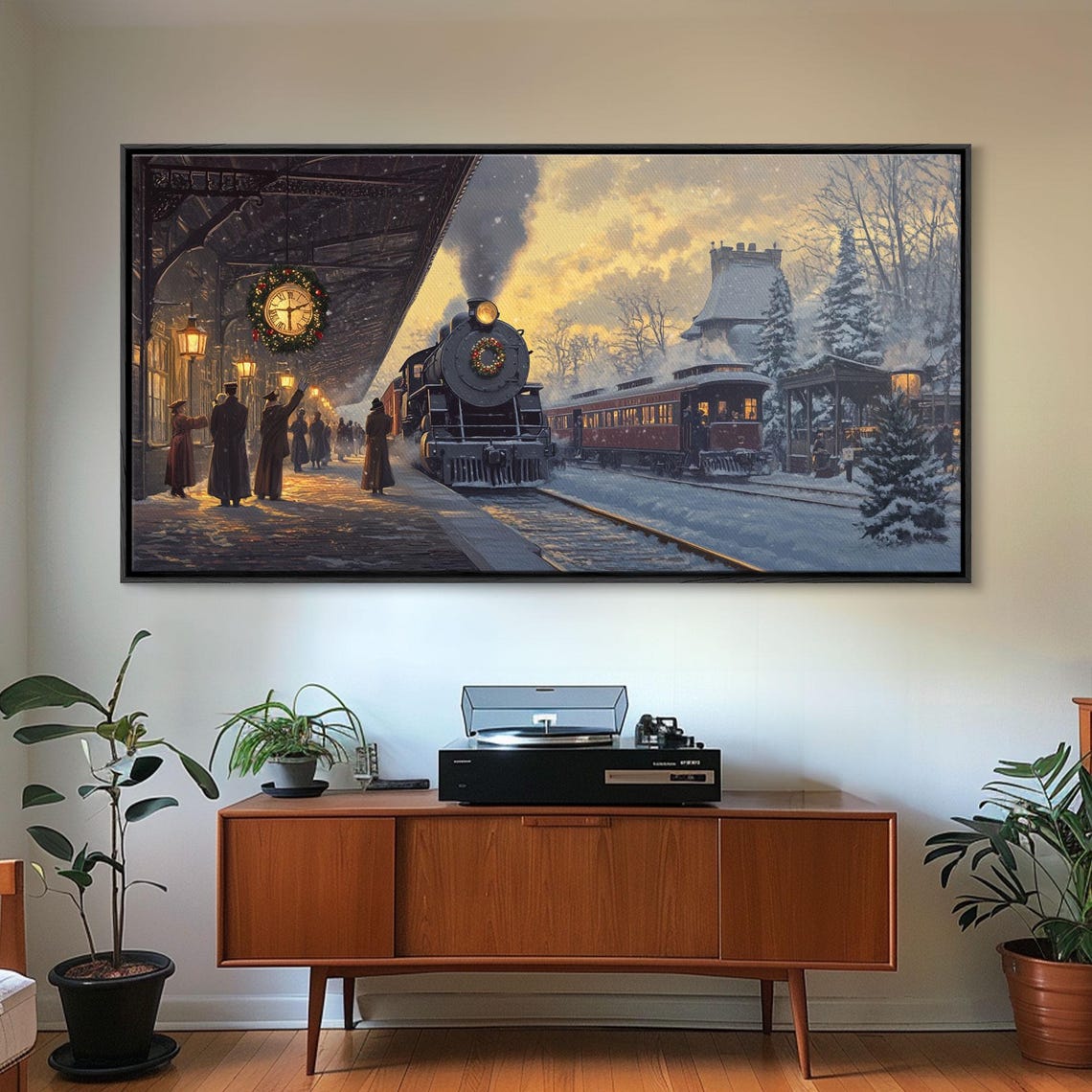 Vintage Christmas Train Station Snowy Steam Locomotive Night Poster - Image 4