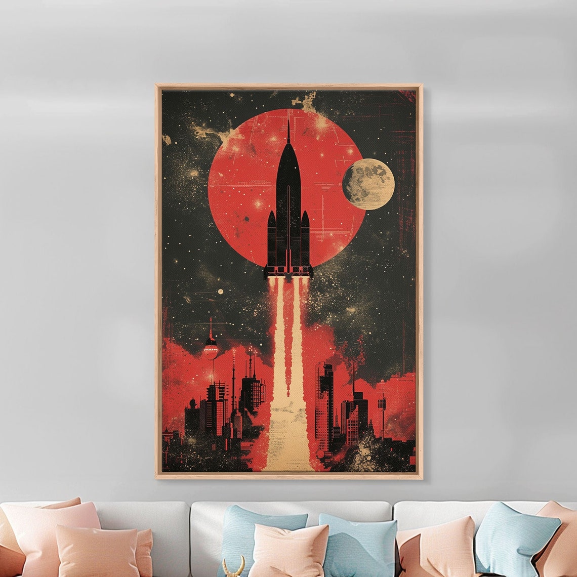 Retro Rocket Launch Night Poster Over Futuristic City with Red Moon - Image 5