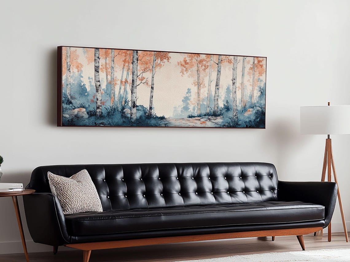 Birch Forest Blue Mist Autumn Watercolor Panoramic Living Wall Poster - Image 5