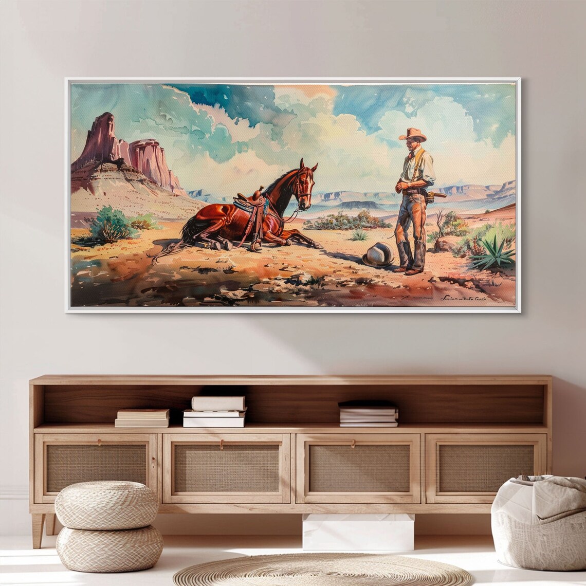 Cowboy Resting Horse Desert Mesas Watercolor Classic Western Poster