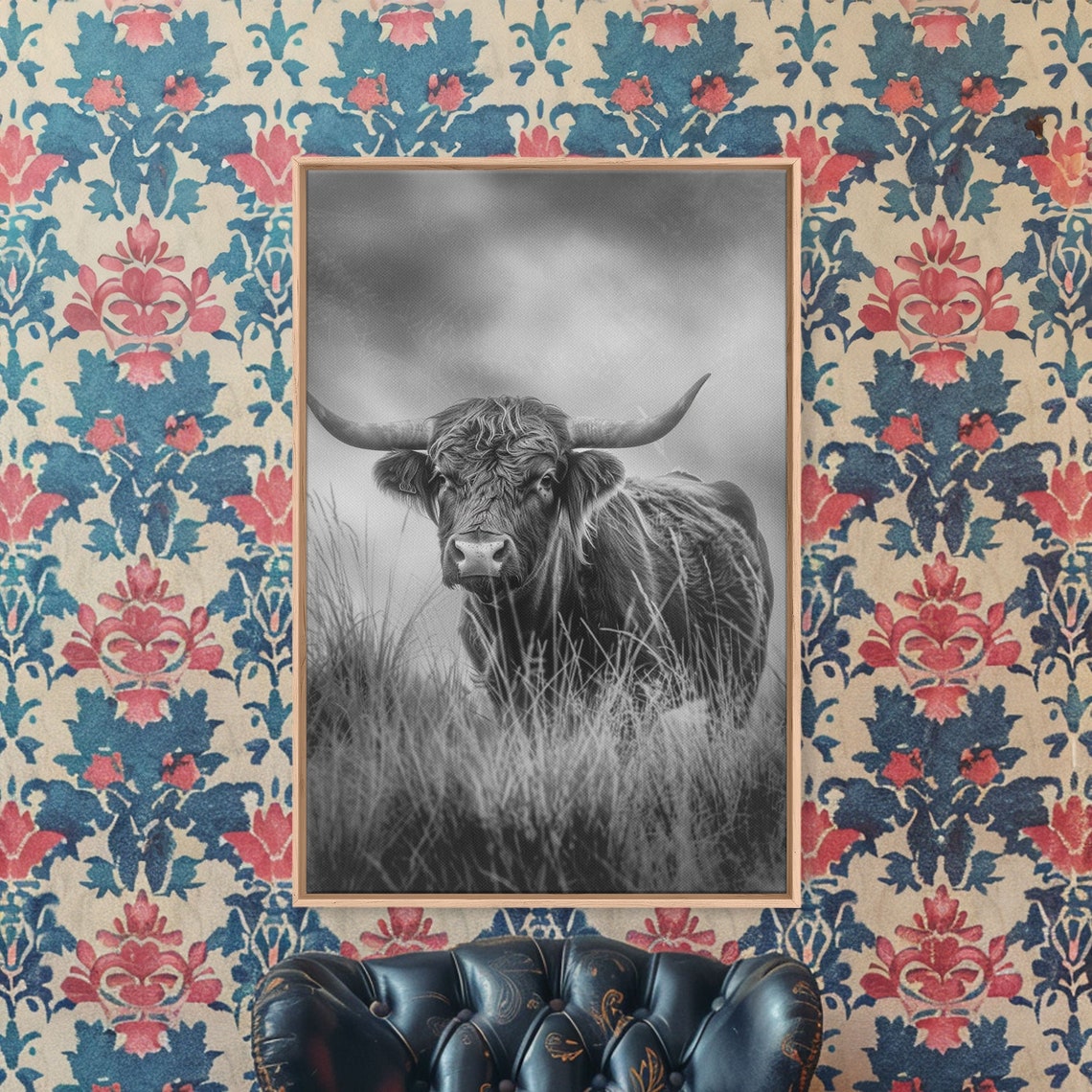 Black And White Highland Cow Misty Meadow Longhorn Cattle Art Poster - Image 5