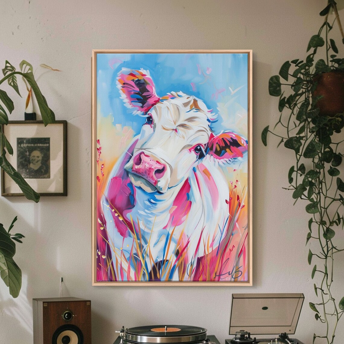 Whimsical Colorful Cow Portrait Modern Farmhouse Wall Art Vibrant Animal Painting Living Room Decor Cute Cow Print - Image 3