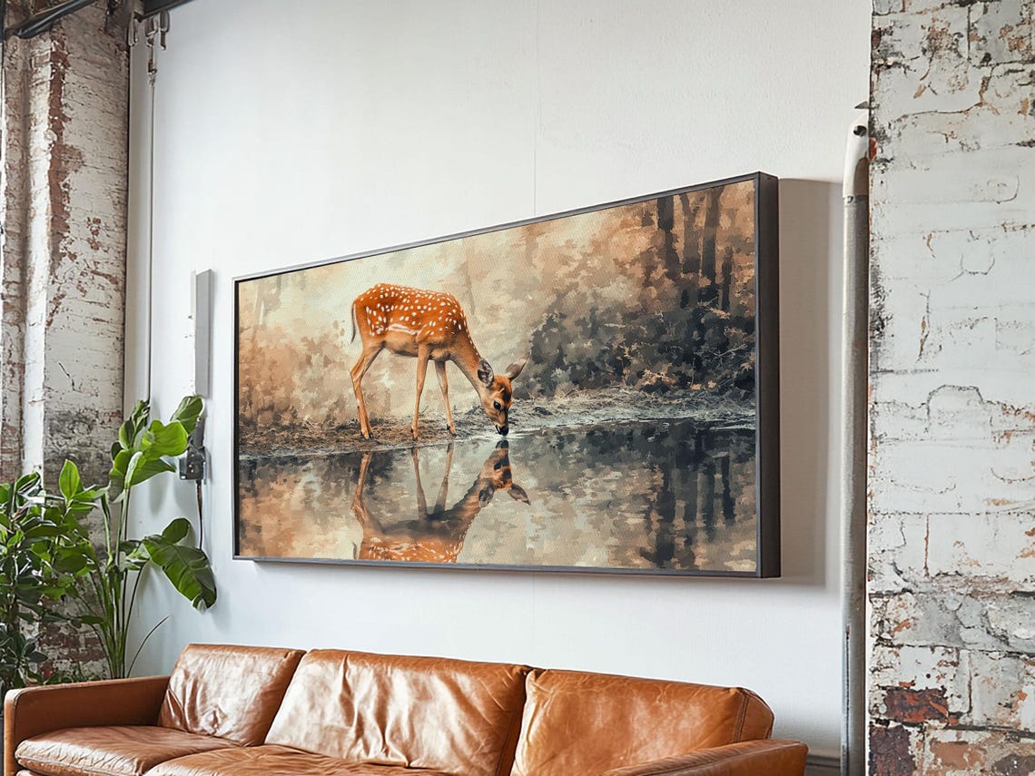 Reflection Of A Deer Drinking Water Framed Print Cute Farmhouse Wall Art Farmhouse Decor - Image 6