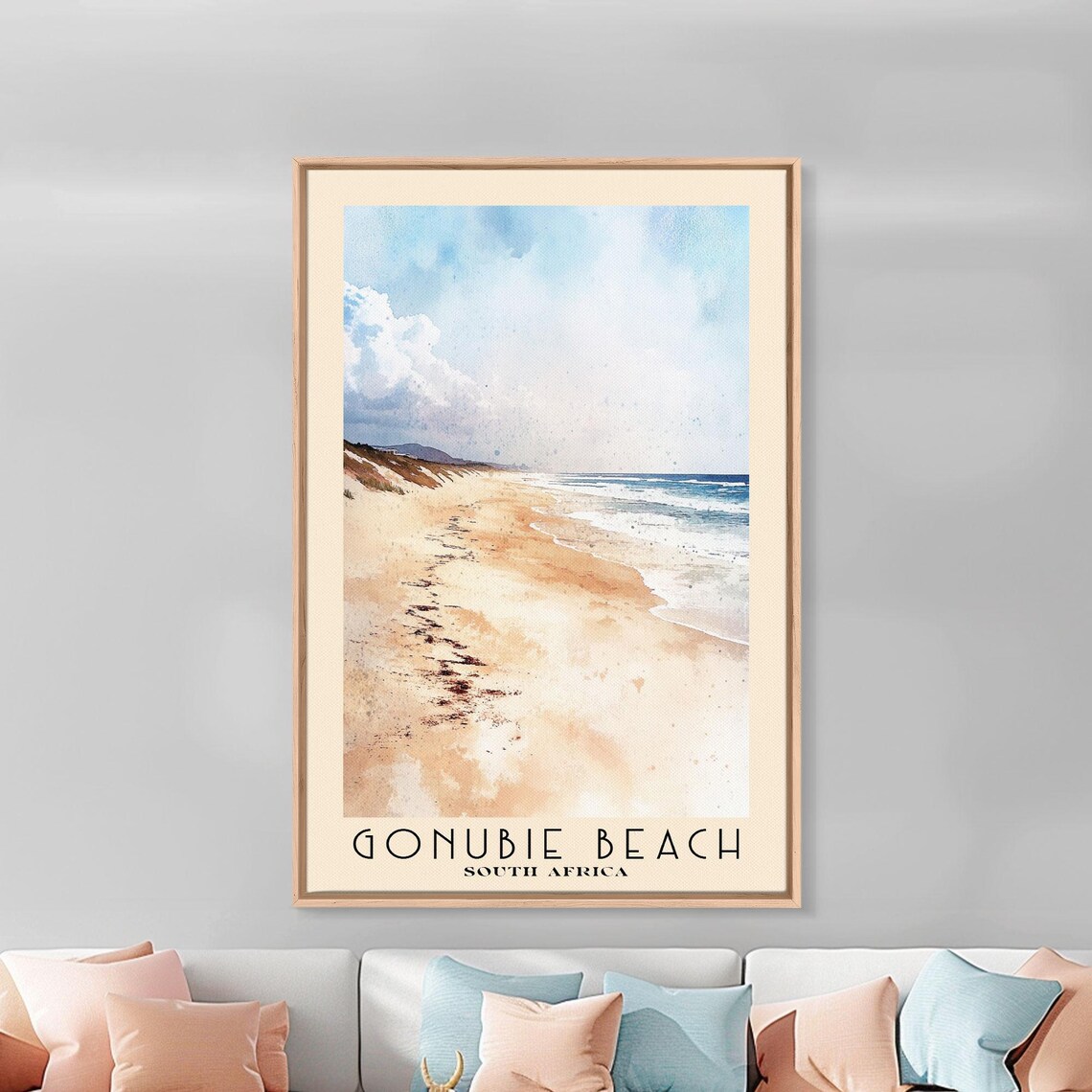 Gonubie Beach South Africa Long Pale Sandy Shoreline Gentle Waves Watercolor Poster - Image 3