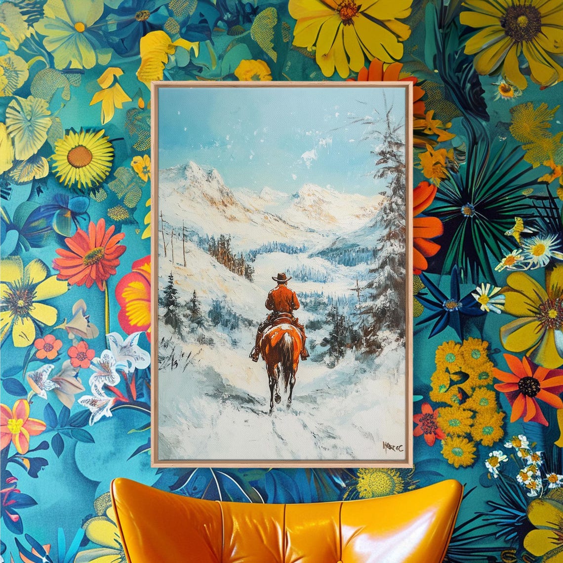 Cowboy Riding Snowy Valley Snowcapped Mountains Blue Sky Art Poster - Image 5