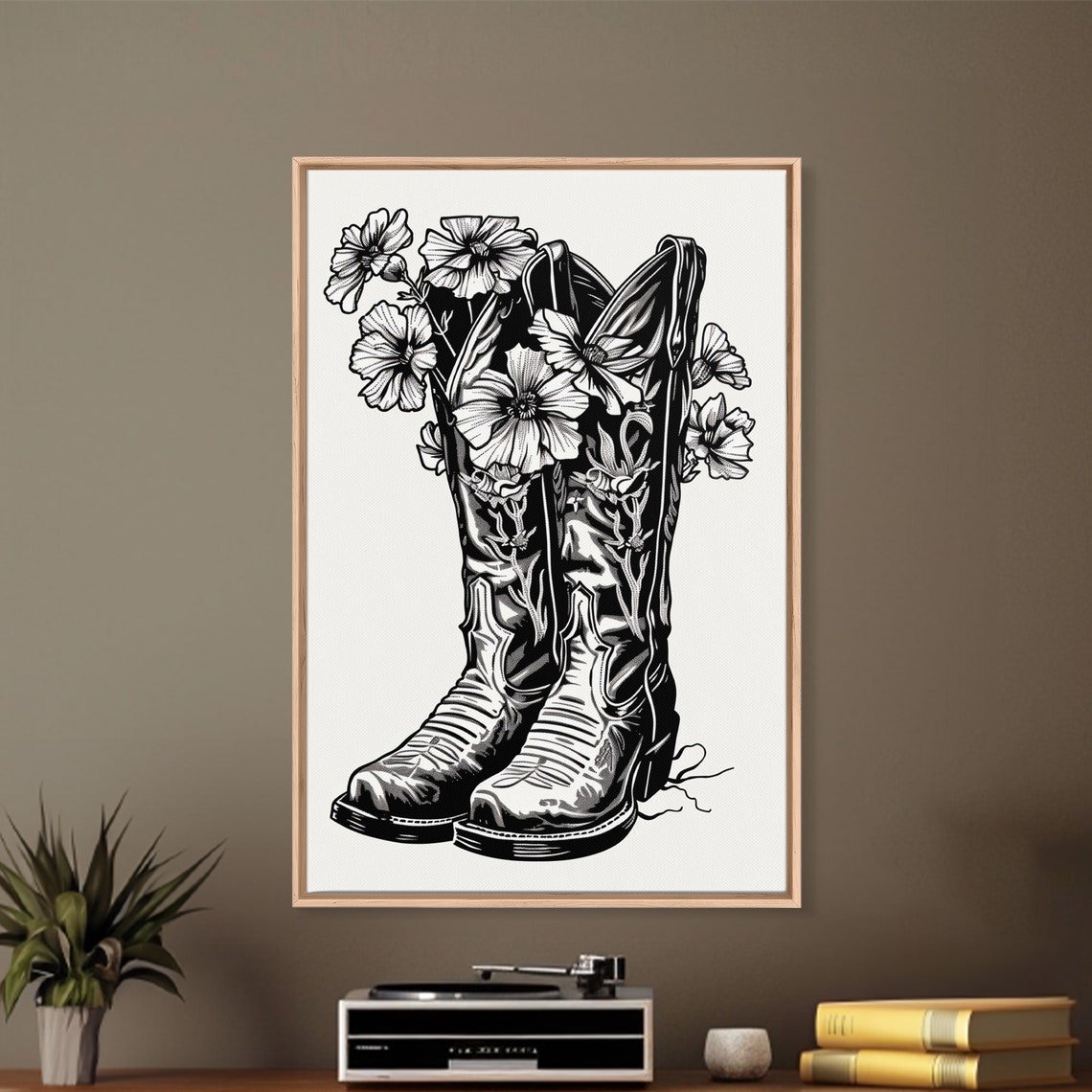 Vintage Floral Cowboy Boots Black White Line Art Wall Poster - Image 3