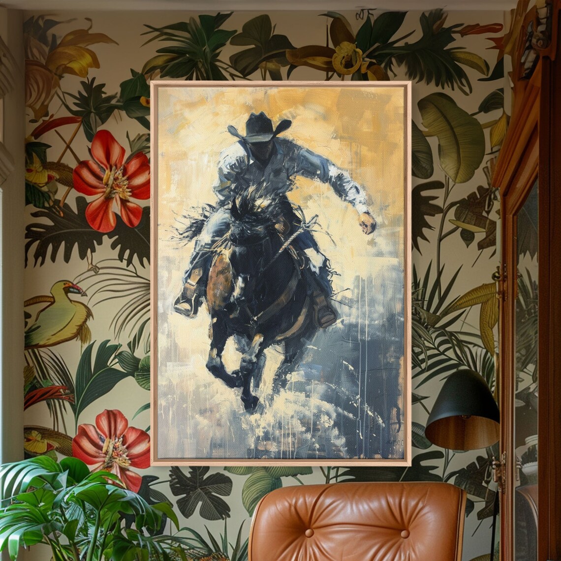 Cowboy Riding Bucking Horse Golden Abstract Western Art Poster - Image 3