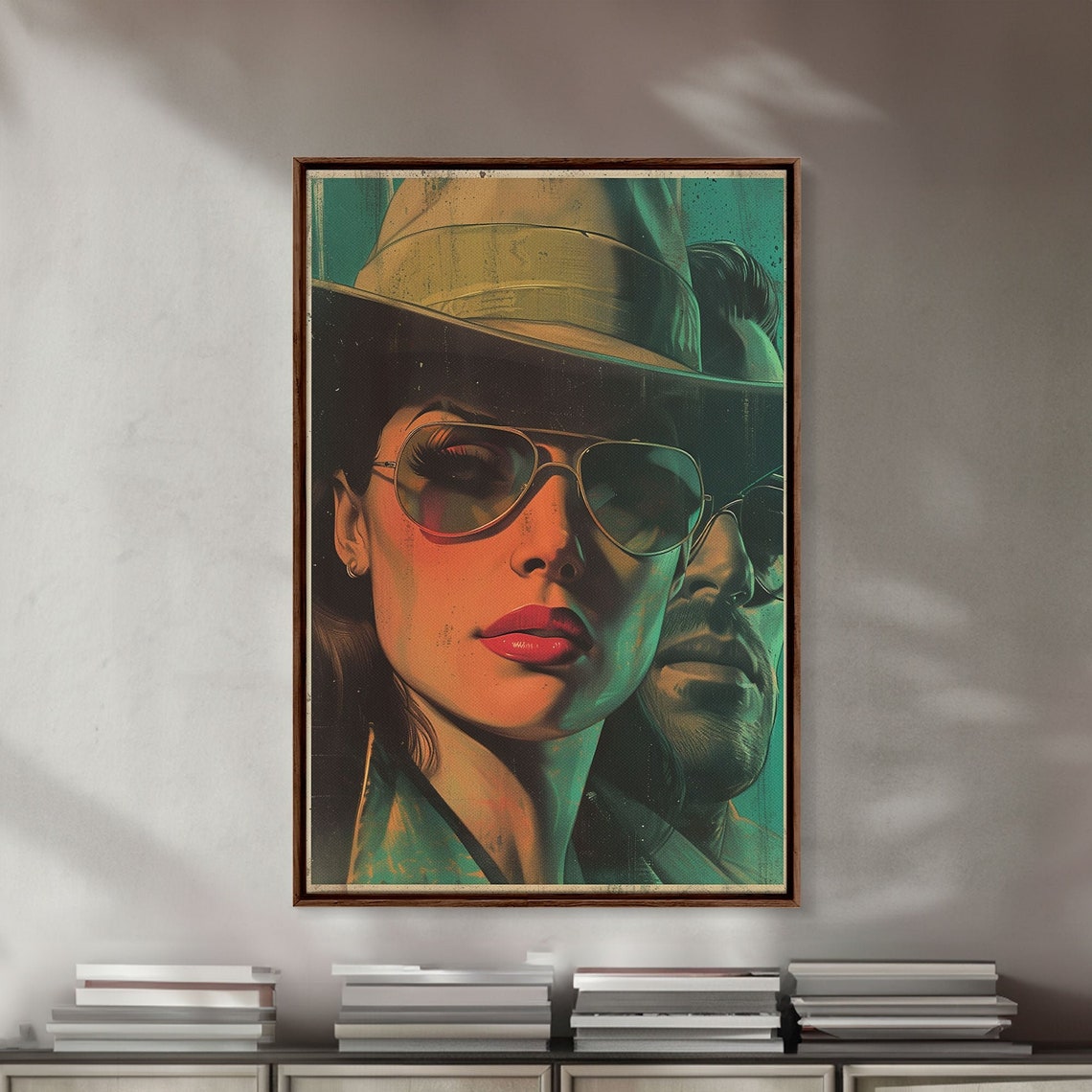 Noir Crime Duo Fedora Aviator Sunglasses Retro Illustration Wall Art - Image 2