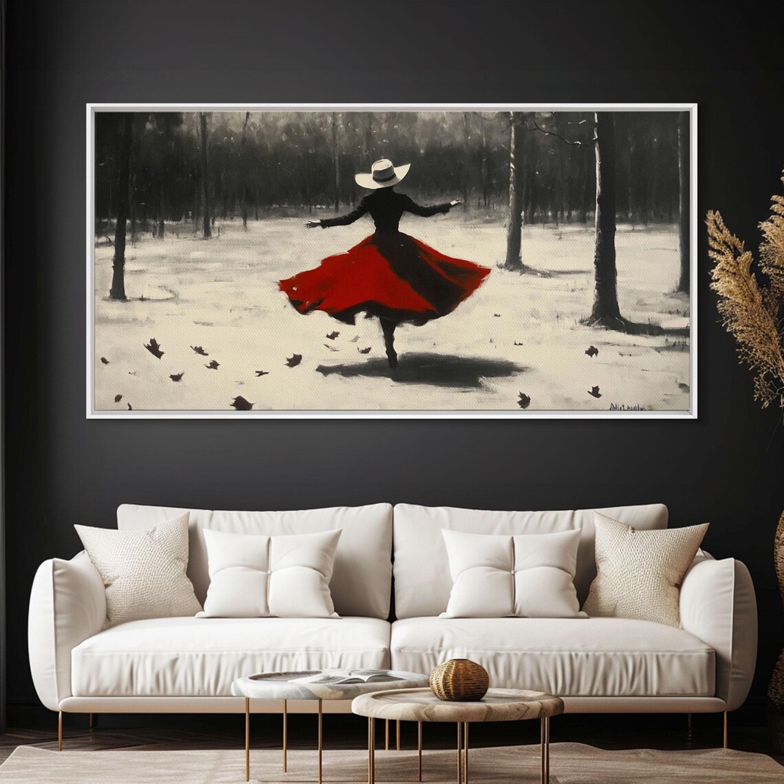 Dancing Cowgirl In Red Dress In Snowy Monochrome Forest Art Poster - Image 4