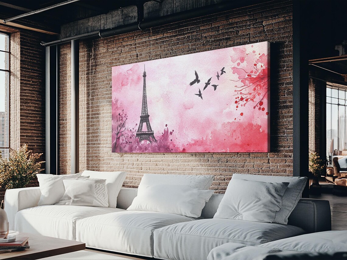 Eiffel Tower And Birds Pink Watercolor Paris Skyline Romantic Poster - Image 3