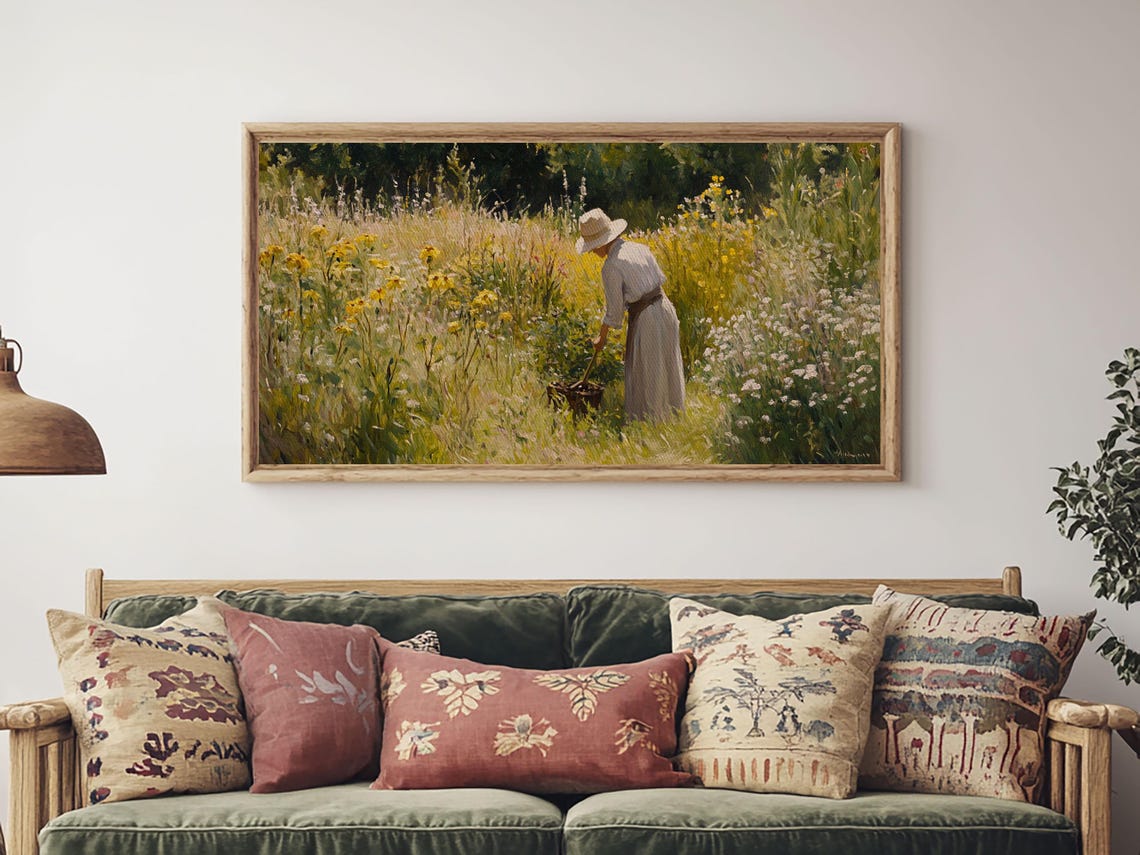 Victorian Oil Painting Print Of A Woman In The Garden Framed Print Ready To Hang Art Woman In Garden Painting Home Decor