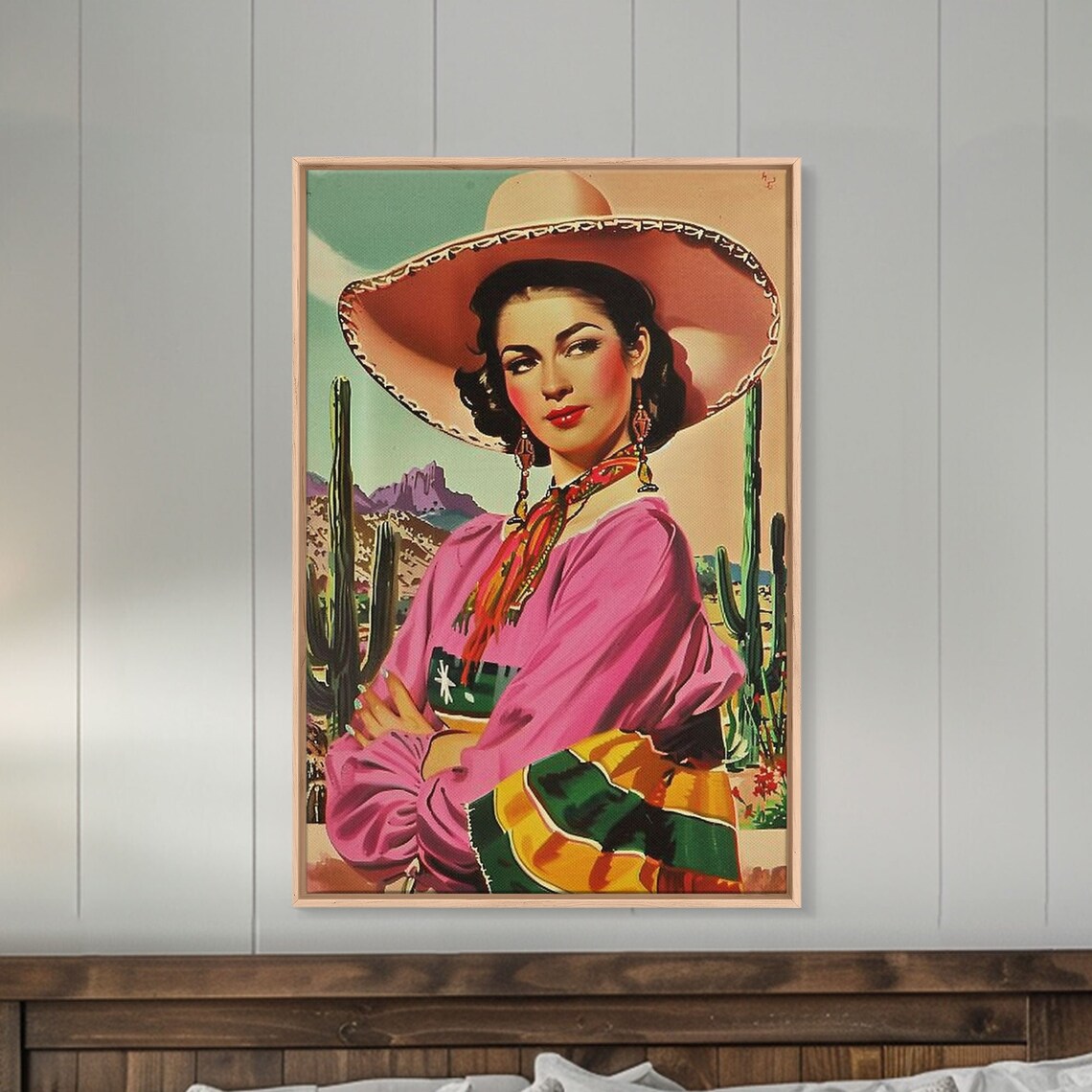Latina Cowgirl With Cactus Background, Retro Print - Image 2