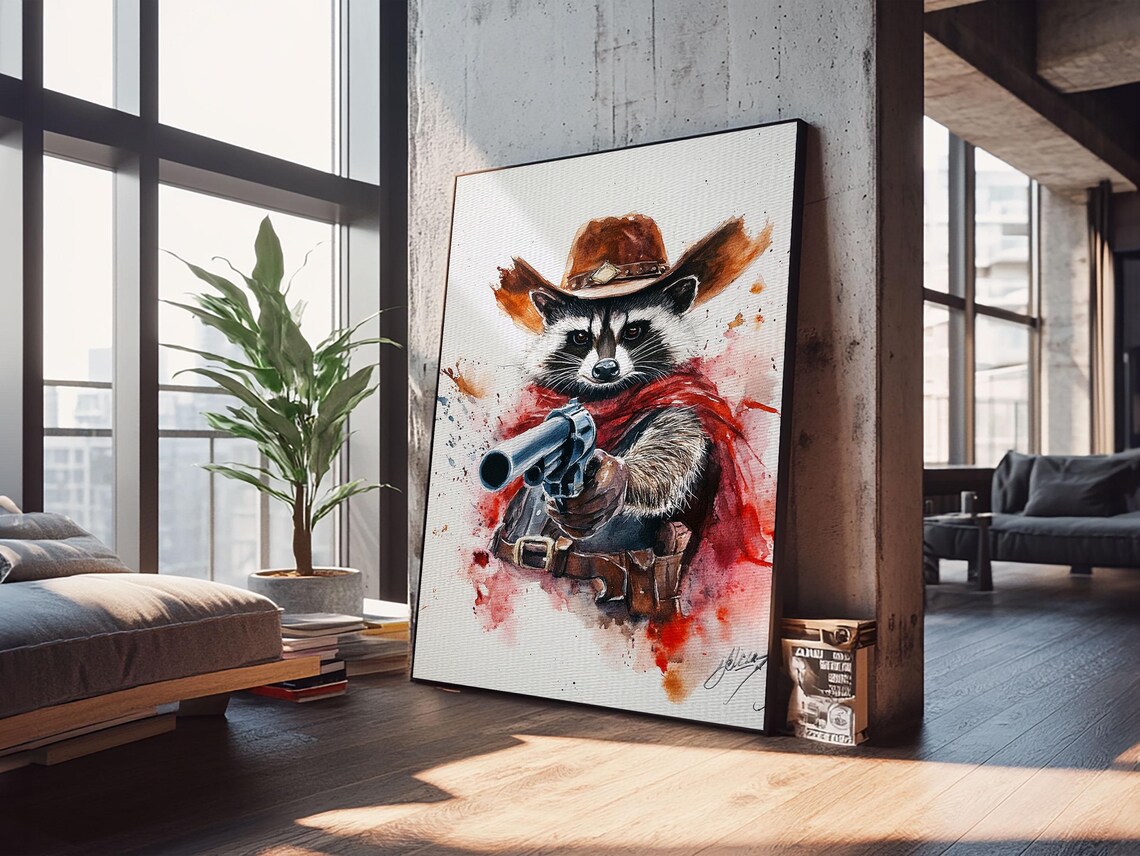 Cowboy Raccoon With Revolver Watercolor Wild West Animal Poster