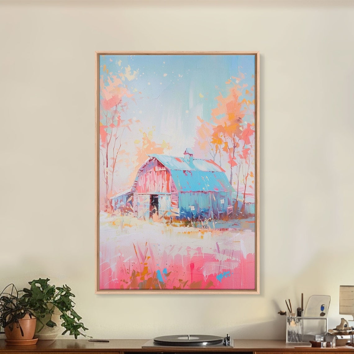Pastel Barn Blue Roof Dreamy Pink Trees Farmhouse Wall Art Poster - Image 4