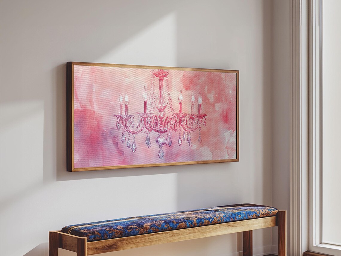 Pink Crystal Chandelier Watercolor Painting Elegant Romantic Wall Art Poster - Image 6