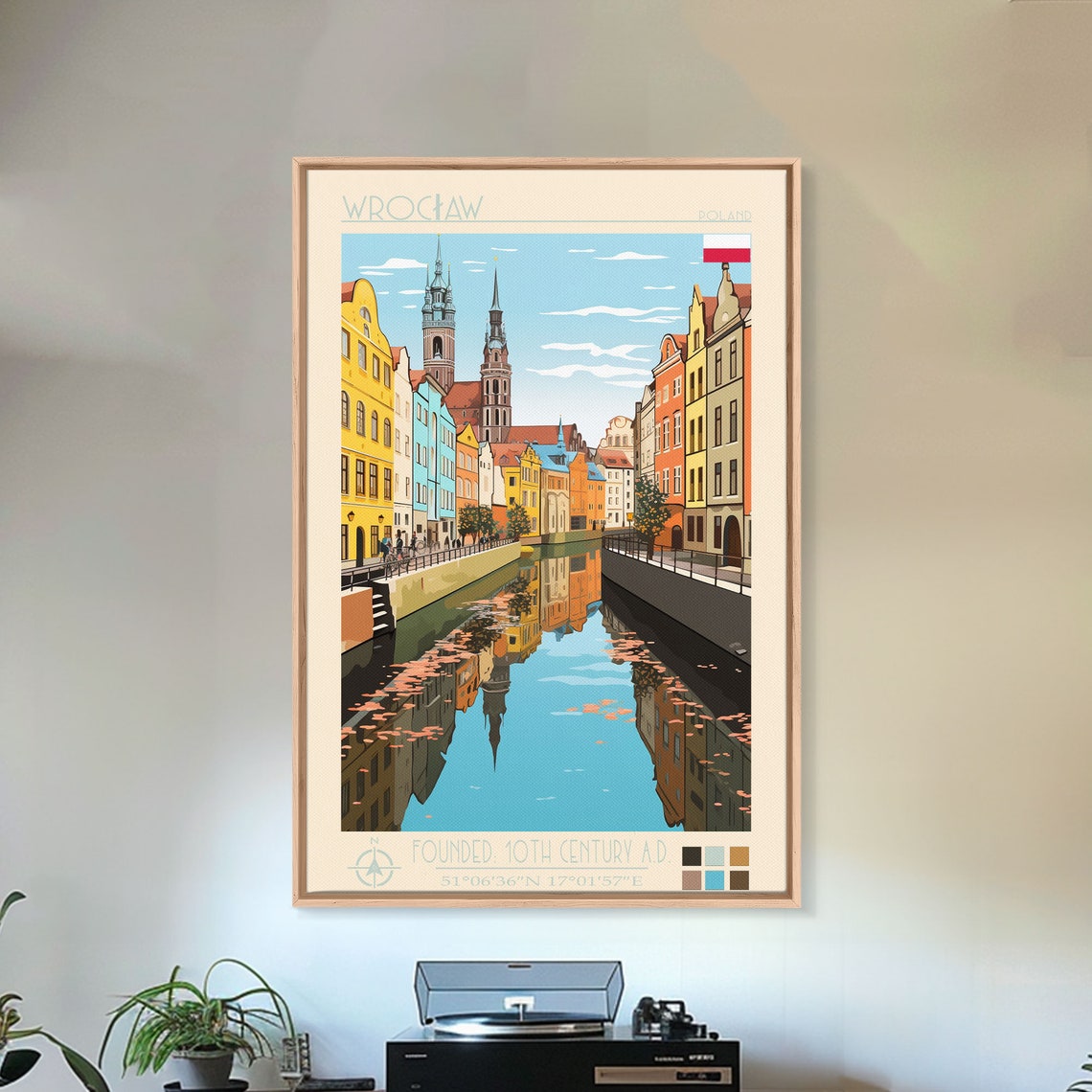 Wroclaw Poland Colorful Old Town Canal Reflection Travel Poster