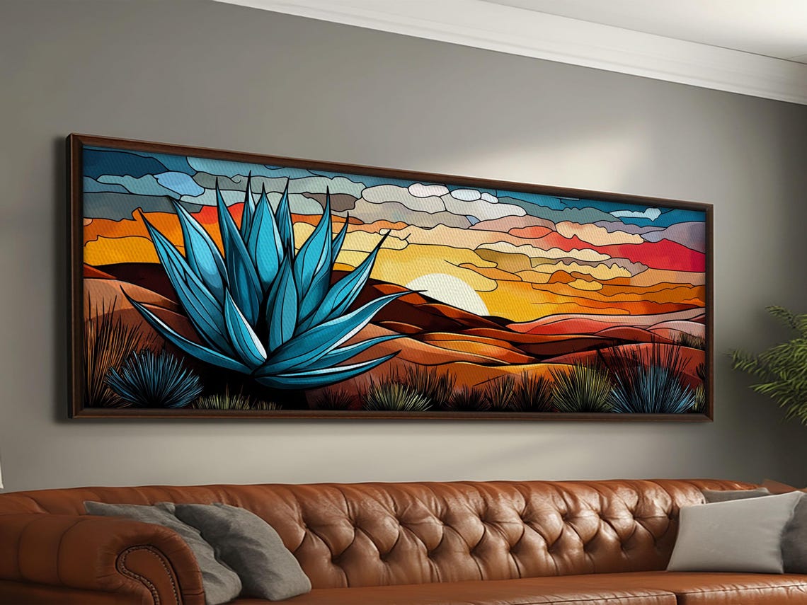 Blue Agave Desert Sunset Stained Glass Style Panoramic Wall Poster - Image 5