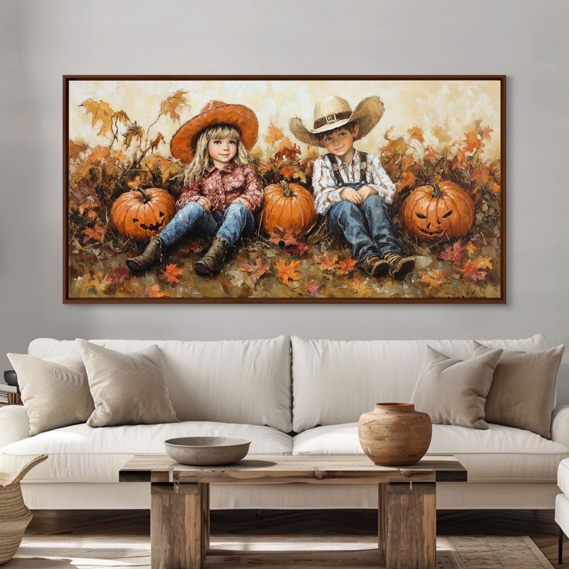 Two Cowboy Kids Sitting Among Pumpkins With Jack O Lantern Retro Fall Poster - Image 4