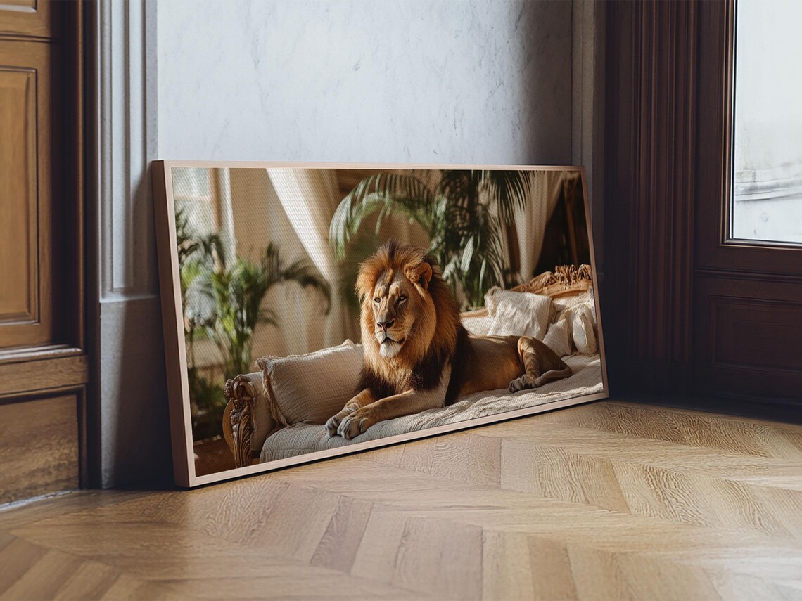 Majestic Lion Lounging Vintage Sofa Sunlit Conservatory Wildlife Art Poster - Image 5