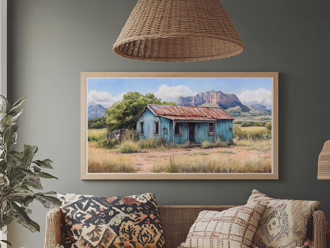 Abandoned Blue Cabin In Desert Mountain Landscape Painting Wall Art - Image 3
