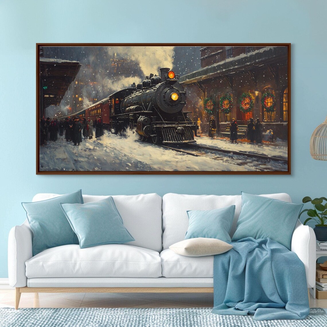 Steam Train Arriving At A Snowy Station On Christmas Eve Art Print - Image 3