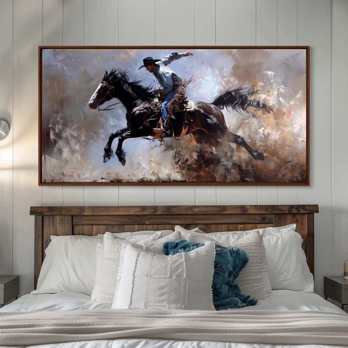 Cowboy Riding Rearing Dark Horse Dust Cloud Dynamic Western Action Art - Image 3