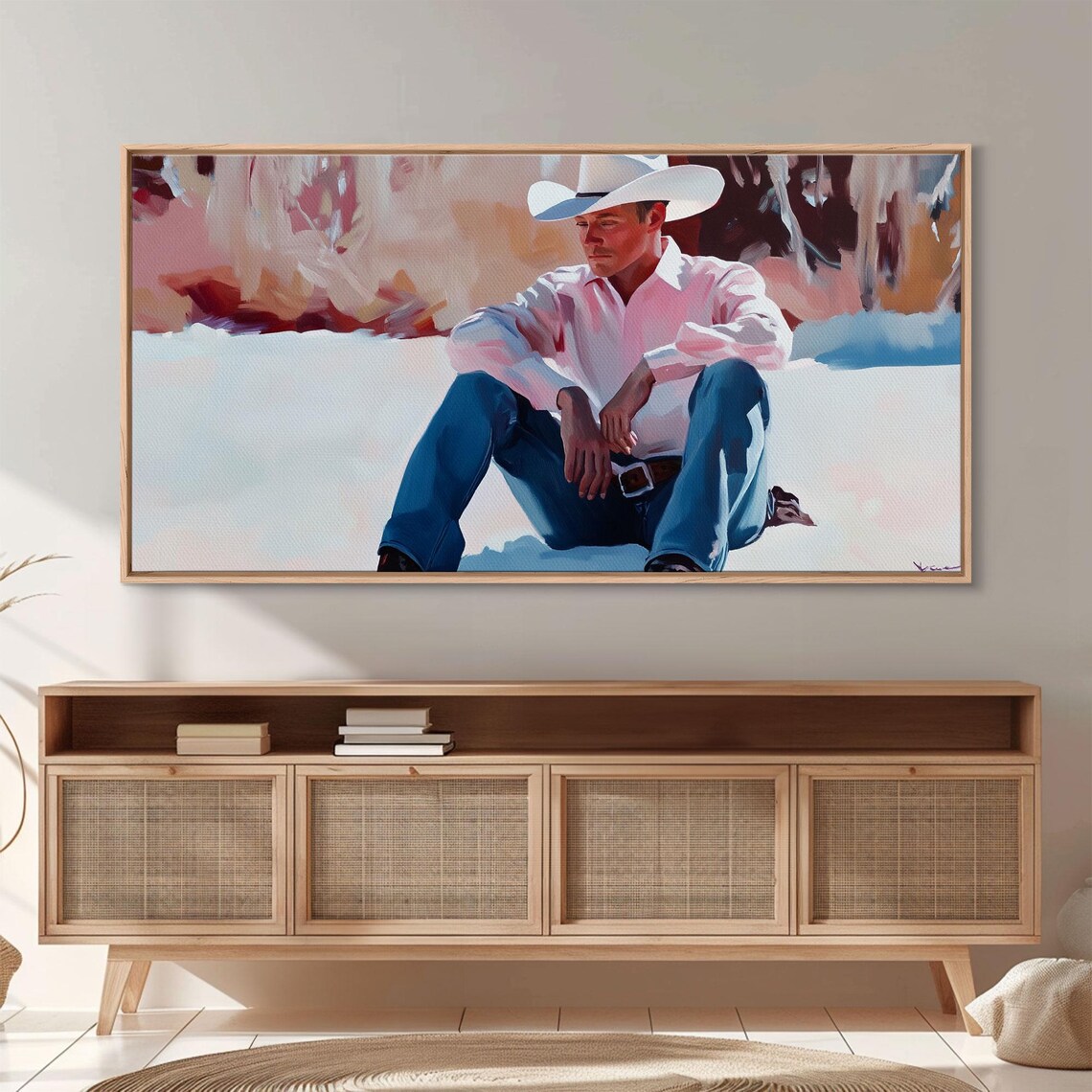 Cowboy In A White Hat And Pink Shirt Sitting In The Snow Art Print - Image 6