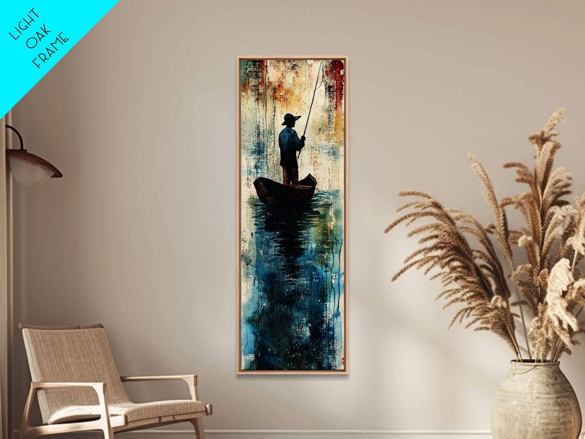 Fisherman in Boat Silhouette Abstract Blue Water Lake Wall Art - Image 4