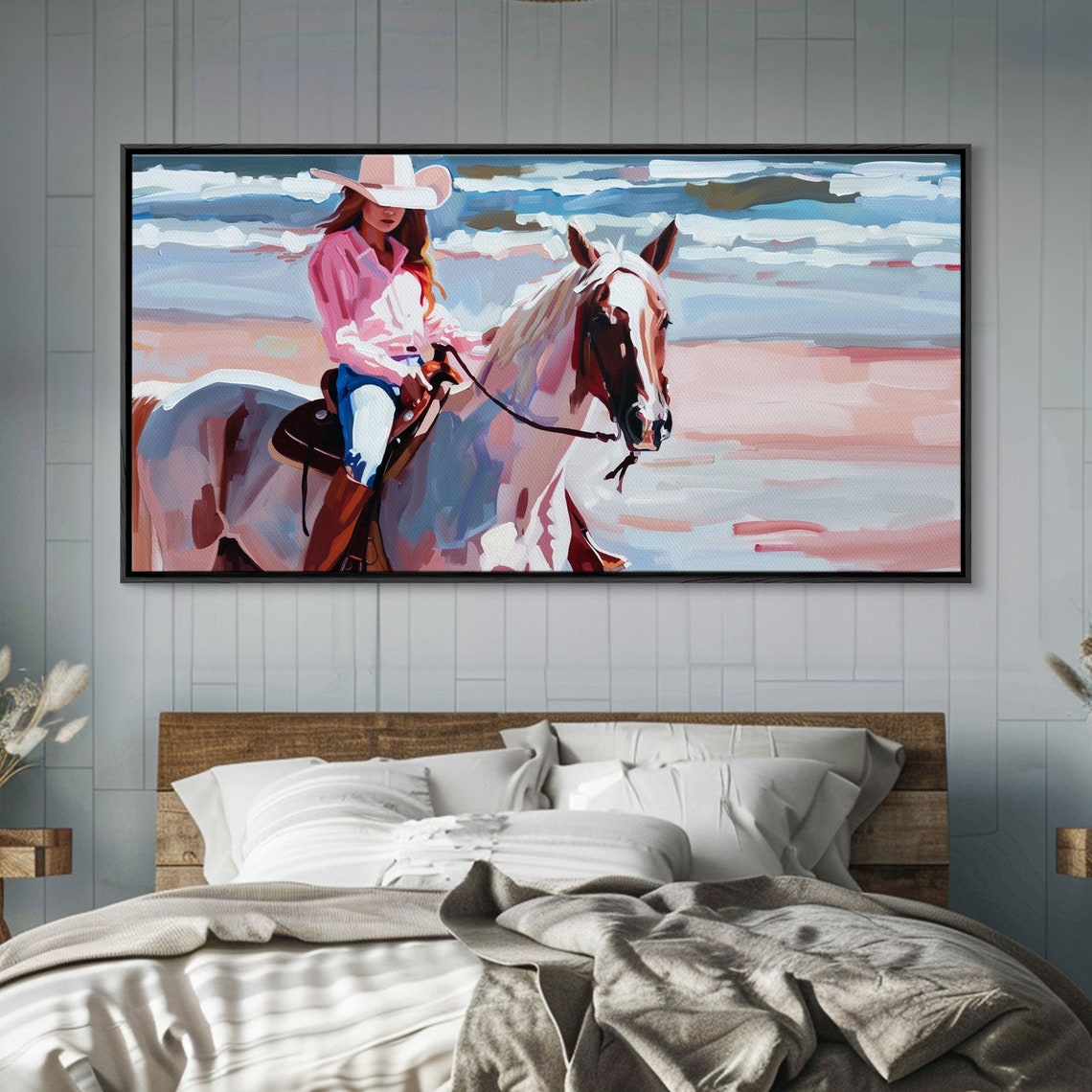 Cowgirl In Pink Shirt Riding Horse By The Sea Beautiful Framed Print Coastal Living Room Art Beach Bedroom Decor Horse Art - Image 3