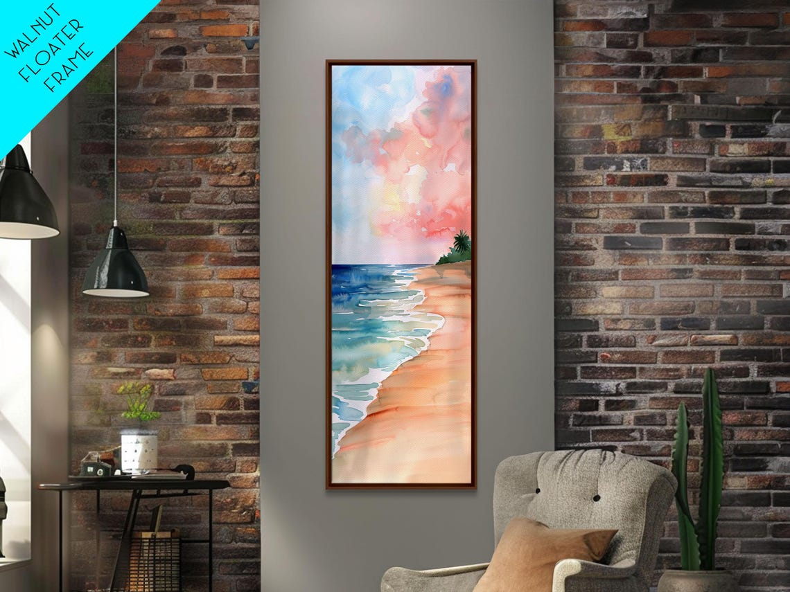 Pastel Watercolor Beach Pink Sky And Sandy Shore Wall Art Print - Image 4