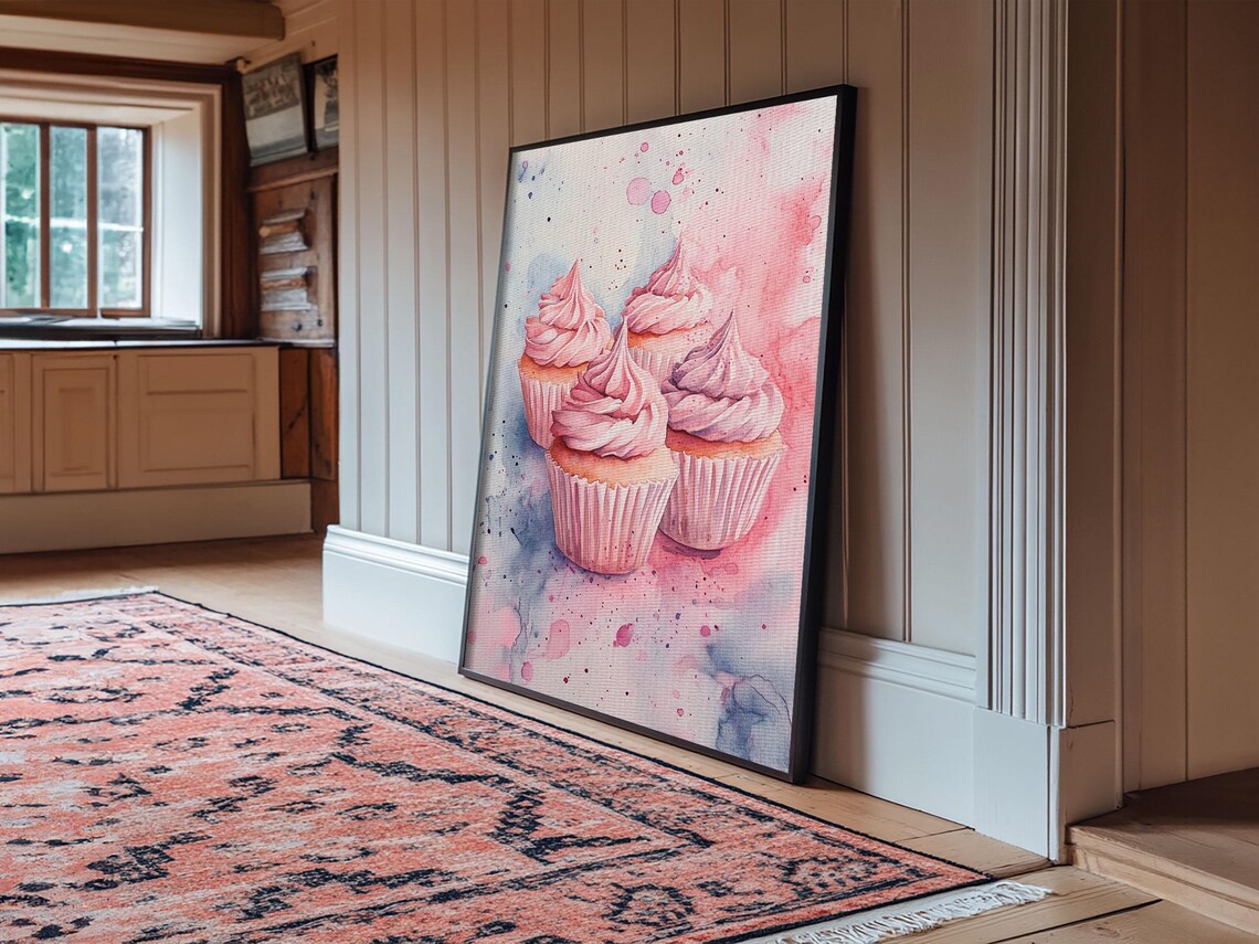 Pink Frosted Cupcakes Watercolor Sweet Dessert Bakery Wall Art Print - Image 4