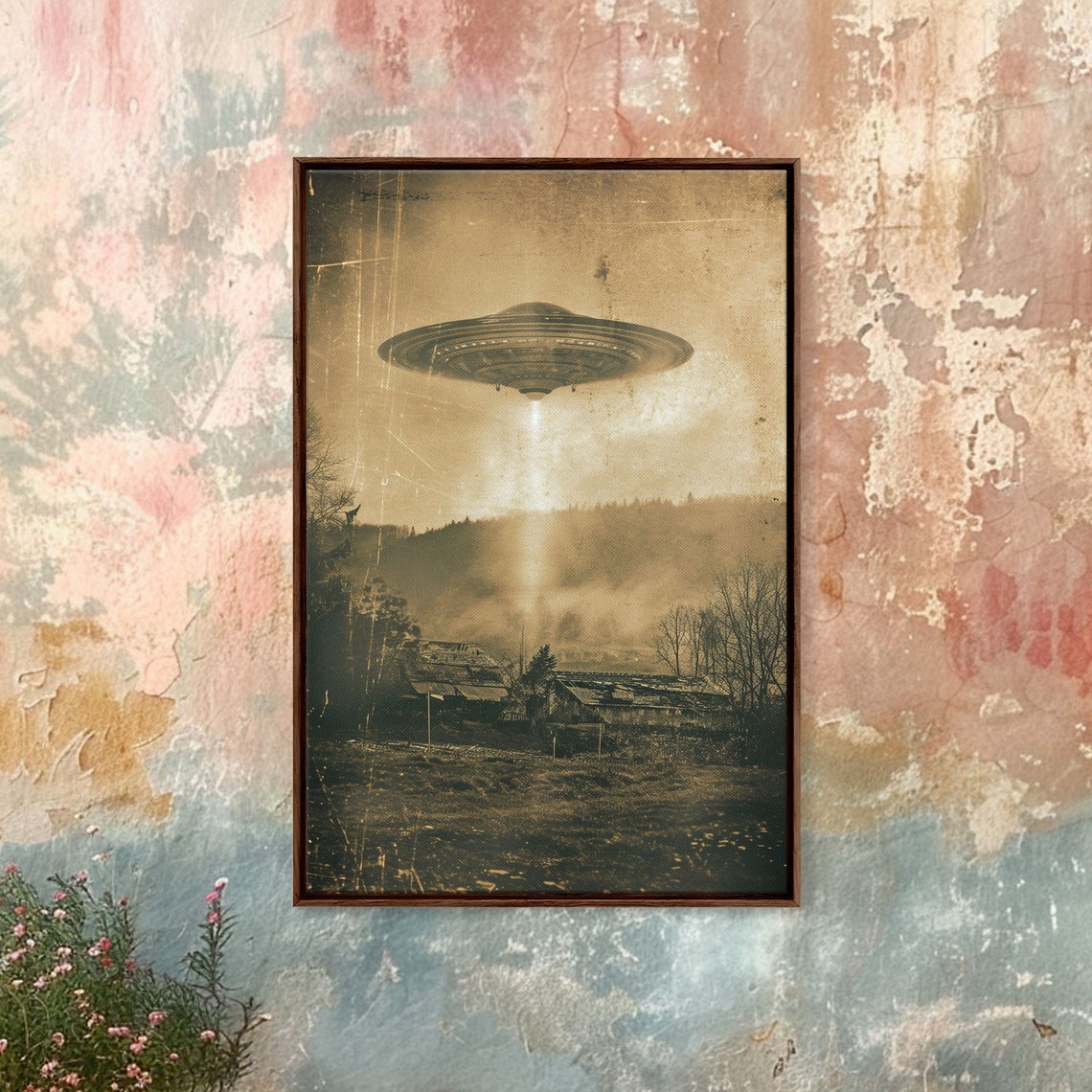 Distressed UFO Flying Saucer Over Farm Poster Vintage Sci Fi Wall