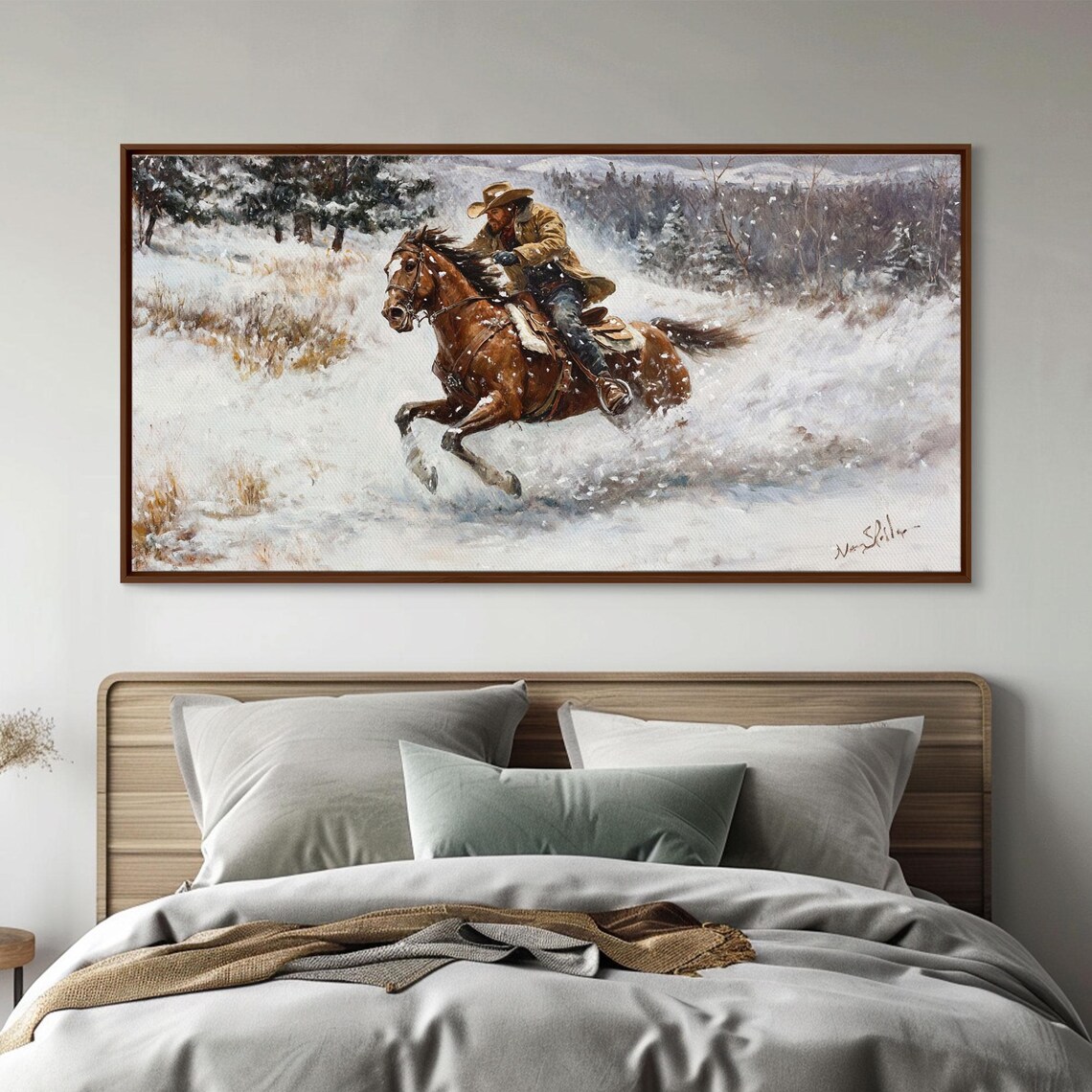 Cowboy Galloping Through Deep Snow On Horseback Winter Action Poster - Image 6