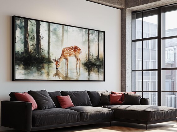 Spotted Deer Drinking Water Panoramic Painting Misty Forest Reflection Poster