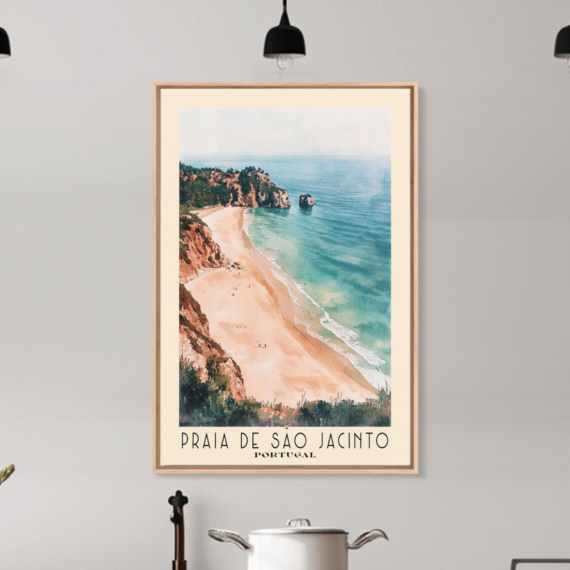 Praia de Sao Jacinto Portugal Aerial Beach View Cliffs Turquoise Sea Watercolor Poster - Image 6